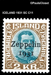 ICELAND 1931 SC C11 KING CHRISTIAN X OLIVE BRN & MYRTLE 2k W/ZEPPELIN OP MNH XF - Bild 1 von 2