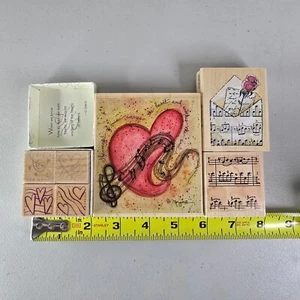 7 Wood Rubber Stamps Music of the Heart Magic of Music Sheet Rose Valentines - Picture 1 of 7
