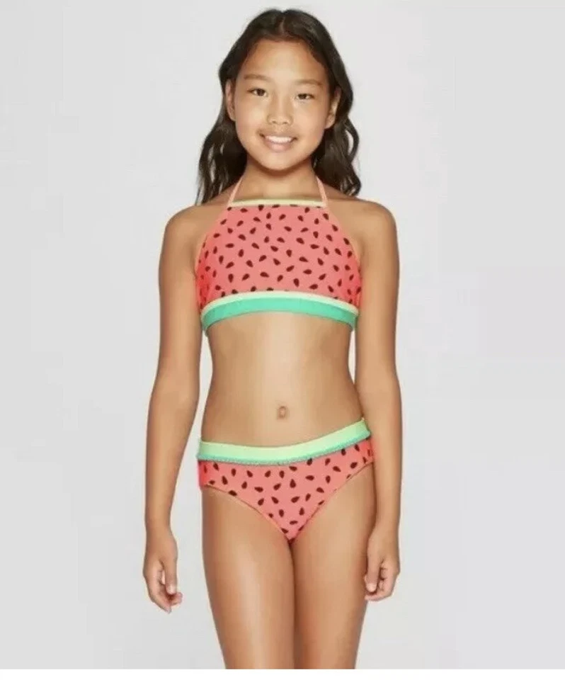 Cat & Jack Girls Seeds and Stripes Bikini Coral XXL 18