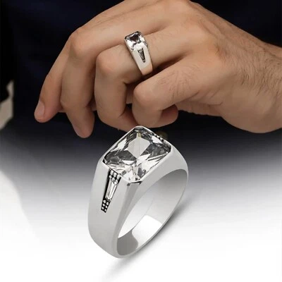 Anillo para hombre real sólido de plata de ley 925 con piedra de circón talla 7-15 Foto 1 de 3