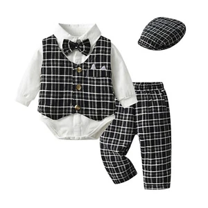 Baby Buttoned Romper Tops with Plaid Vest Pants Hat Bow Tie Gentlemen Set Outfit - Picture 1 of 17