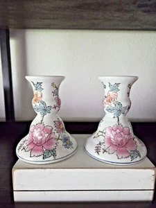 Vintage 4.25" Hand Painted Porcelain Chinoiserie Style Floral Candle Holders - Picture 1 of 7
