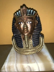 Egyptian Brass Bronze King Tut Death Mask Statue On Alabaster Base 5”High Heavy - Picture 1 of 5