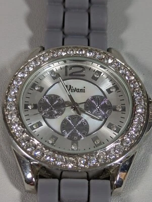 Vivani Silver Tone Dial Round Crystal Accent Case Gray Silicone Band Watch - Image 1 of 4