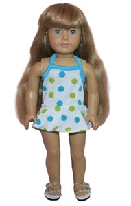 CLOSEOUT White w/Blue Green Polka Dots Halter Swimsuit 4 American Girl Size Doll - Picture 1 of 2