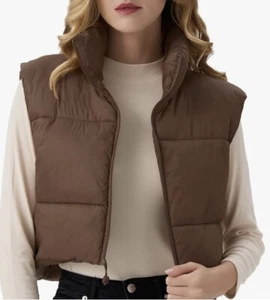 New Women’s Cropped Puffer Vest Medium Brown Quilted Zip Up - Picture 1 of 6