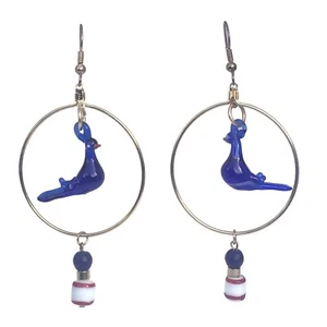 Gold Tone Hoop Earrings with Cobalt Blue Lampwork Glass Birds & Art Glass Beads - Picture 1 of 3