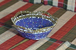 Handcrafted Kenyan Beaded Baskets - Blue Beaded Basket - Picture 1 of 5
