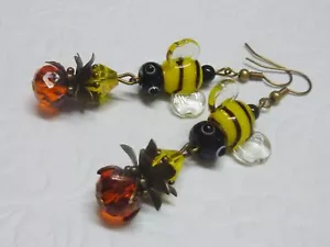 Bumble Bee Earrings 64mm Lampwork Glass Handmade Costume Jewellery - Picture 1 of 6