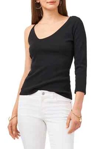 Vince Camuto One Shoulder Rib Knit Top XXS Asymmetric V-Neck 3/4 Sleeve Black - Picture 1 of 3