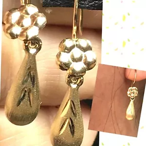 GOLd 14k Earring tear Drop tearDrop Dangle Long flower GiFt her chandelier 1" - Picture 1 of 11