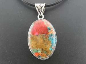 GJ69 AUSTER TÜRKIS FARMBIX OVAL VINTAGE  925 SILBER-ANHÄNGER +KETTE / LEDER! - Bild 1 von 4