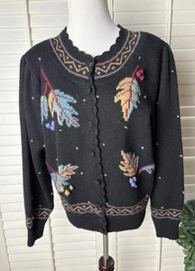Vintage Herman Geist Cardigan Sweater Lg Fall Leaves 100% Wool Puff Sleeves EUC - Picture 1 of 17