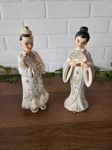 Set of Lefton Porcelain Rhinestone Japanese Geisha and Gentleman Couple 9" - Picture 1 of 6