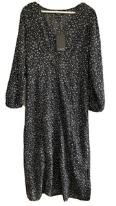 Brave Soul Maxi Dress Size L Black White Floral Print Button Down Long Sleeve - Picture 1 of 9