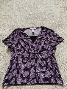 Sag Harbor Women Floral Short Sleeve V-Neck Blouse Purple Petite PM - Picture 1 of 7