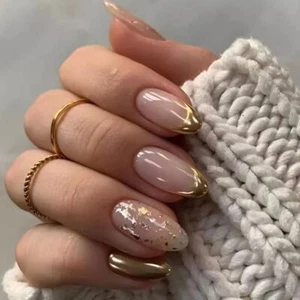 Medium Press on Nails Almond Fake Nails Nails Press on Gold Gold French Tip - Picture 1 of 7