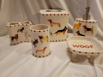 Avanti Linens Dogs On Parade Soap Tray Pump Toothbrush Holder Cup 5 PC Euc  - Image 1 of 4