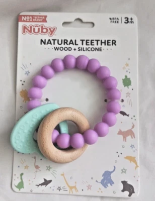 Nuby Natural Teether Silicone Heart & Ring Wooden Circle Baby Teething New - Image 1 of 3