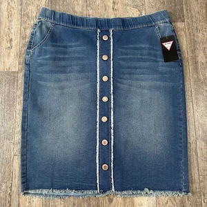NEW Be Girl Midi Jean Skirt Sz 3XL Blue Denim Button Front Raw Hem Pockets 38x25 - Picture 1 of 9