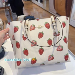 NWT Coach Mollie Tote Bag With Strawberry Print CAQ65 Gold/Chalk - Picture 1 of 12