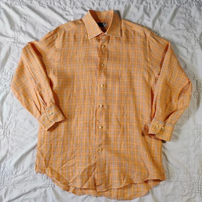 Camisa para hombre Saks Fifth Avenue talla 16 manga larga 100 % lino abotonada naranja Foto 1 de 4