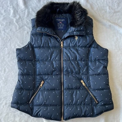 US Polo Assoc Puffer Vest Womens Sz XL Blue Polka Dot Faux Fur Outdoor Zip NWOT - Image 1 of 4