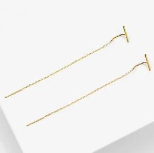 14k Solid Gold Tiny Bar Threader Earrings, Chain Thread Earrings - Picture 1 of 8