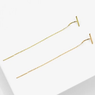 14k Solid Gold Tiny Bar Threader Earrings, Chain Thread Earrings - Image 1 of 4