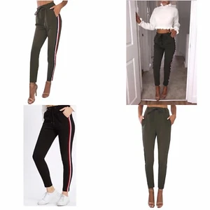 Mujeres Damas Crepé Rayas Laterales Cintura Alta Cinturón Cónico Largo Completo Pantalones - Imagen 1 de 7