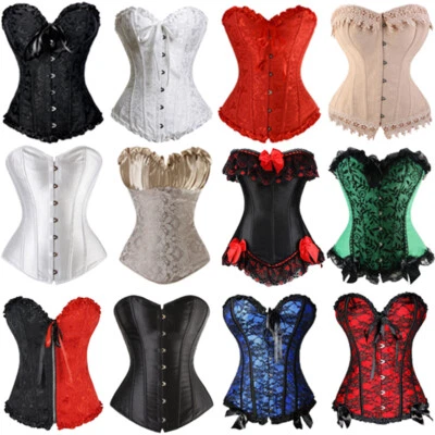 Size 6-24 Women Overbust Boned Black Corset Top Burlesque Basque Lace Up Costume - Image 1 of 4