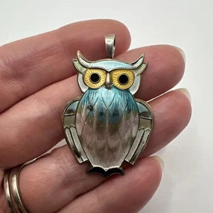 Estate Guilloche Enamel Owl Pendant Sterling David Andersen Norway - Picture 1 of 8
