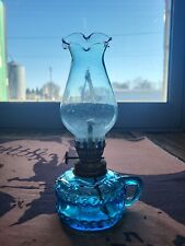 MINIATURE DECORATIVE BLUE GLASS FINGER OIL LAMP W/ BLUE GLASS GLOBE 7.25" READ