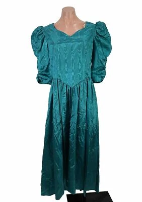 Vestido Brillante Vintage Años 80 Acetato Verde Azulado Manga Hinchada Fiesta Baile de graduación Cóctel Noche L Foto 1 de 4