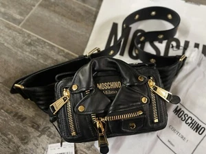 100% autentica Moschino Couture Jeremy Scott giacca da motociclista nera in pelle borsa con cintura - Foto 1 di 24