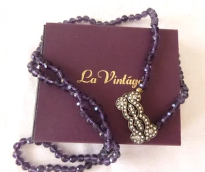 La Vintage 34" Hand-Knotted Crystal Necklace Ornate Crystal Clasp Orig Bag & Box - Picture 1 of 7