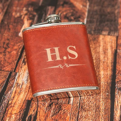 7oz Personalised Steel + PU Brown Leather Effect Hip Flask Custom Engrave - Image 1 of 4