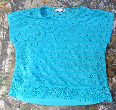 Speechless 2pc tank top & crochet short sleeve overlay turquoise girl Crop top,L - Image 1 of 2