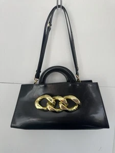 Claudia Firenze Black Leather & Gold Double Handle Patent Leather Shoulder Bag - Picture 1 of 16