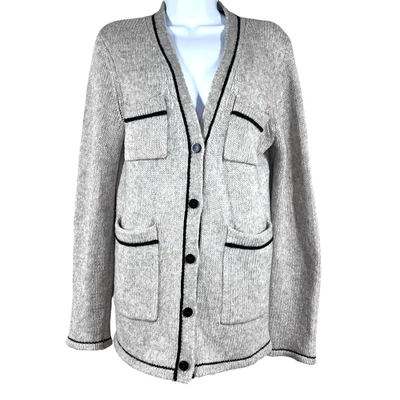 Theory Wool Yak Blend V-Neck Cardigan Womens S Beige Black Contrast Trim Pockets - Image 1 of 4