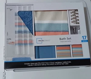 Mainstays 17 Piece Set Blue White And Coral Frabric Shower Curtain - Picture 1 of 1