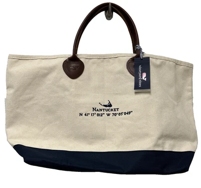 Vineyard Vines Tote Bag NANTUCKET Canvas Natural Navy Blue Beach Bag Leather USA - Image 1 of 4