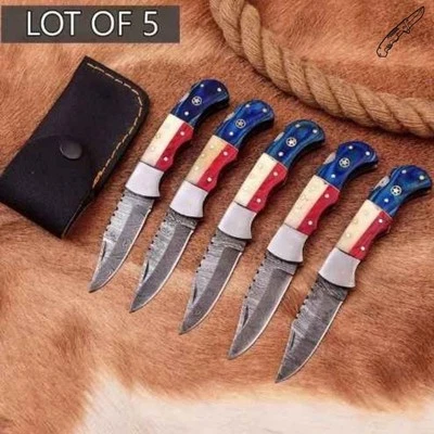 Cuchillo plegable hecho a mano Damasco cuchillo de bolsillo con mango de bandera de Texas con bolsa LOTE DE 5 Foto 1 de 4