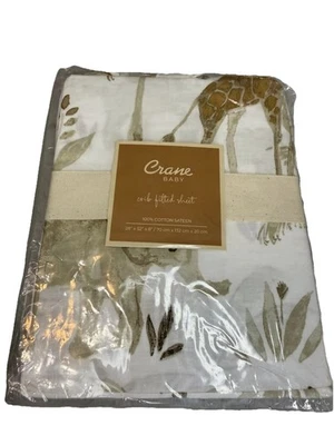 Crane Baby Beige Safari Animal Cotton Sateen Crib Fitted Sheet 28" x 52" x 8" - Image 1 of 4