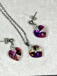 Women’s Czech Glass Heart Earrings & Necklace Set Pink Orange Rainbow Coloured - Picture 1 of 10