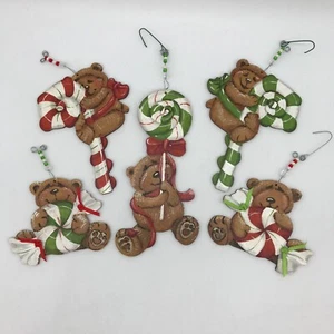 Wood Teddy Bears with Candy Christmas Ornament Set of 5 Handmade - Picture 1 of 16