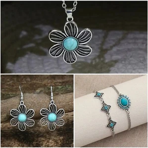 Lot Fun Fashion Jewelry Silvertone Faux Turquoise Bracelets Earrings Necklace  - Bild 1 von 12