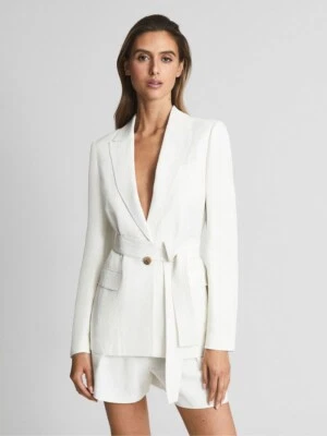 REISS Bea Tie Waist Blazer Jacket in White UK Size 8 - Image 1 of 4