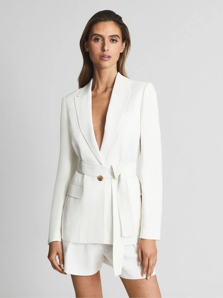 REISS Bea Tie Waist Blazer Jacket in White UK Size 8 - Image 1 of 4