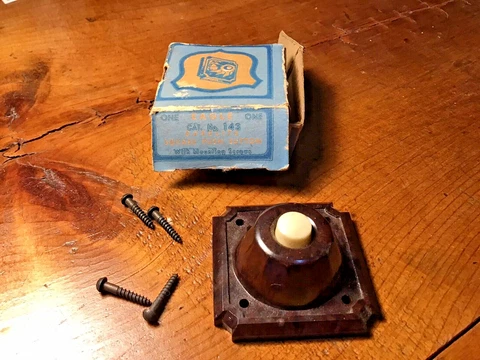 NOS Vintage Brown Eagle Bakelite Push Button Doorbell Square No. 143 Art Deco Cover